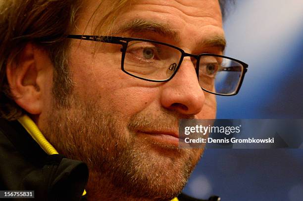 Head coach Juergen Klopp of Dortmund reacts during a press conference ahead of the UEFA Champions League match against Ajax Amsterdam on November 20,...