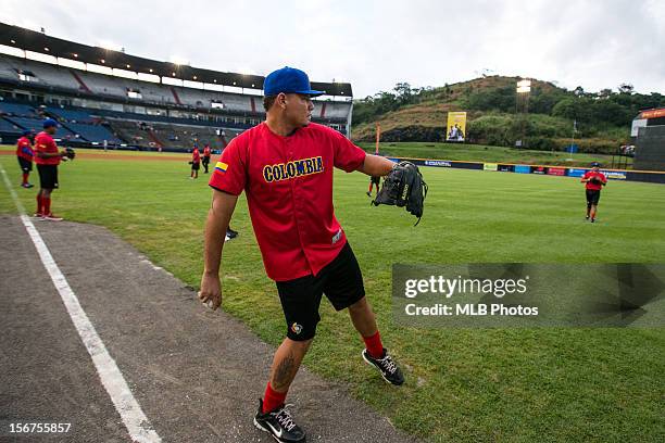 Cristian Mendoza of Team Colombia loosens up on the field before Game 5 of the Qualifying Round of the World Baseball Classic against Team Panama at...