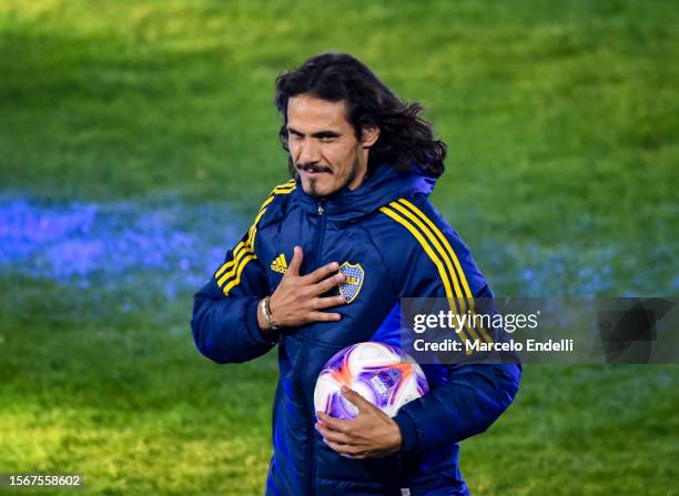 Uruguayan striker Edinson Cavani greets the fans during his unveiling as new player of Boca Juniors at Estadio Alberto J. Armando on July 31, 2023 in...