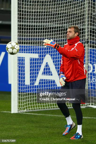 Roy Carrol of Olympiacos Piraeus attends the training session at Veltins Arena ahead of the UEFA Champions League group B match between FC Schalke 04...