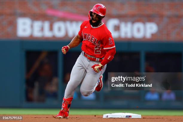 Luis Rengifo of the Los Angeles Angels reacts as he rounds second base following a lead off home run during the first inning against the Atlanta...