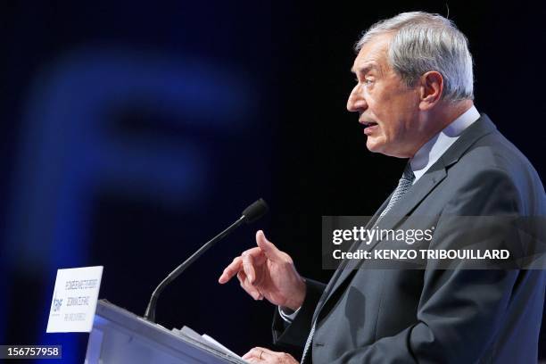 The president of the French mayors' association , Jacques Pelissard, delivers a speech during the opening ceremony of the 95th French Mayors...