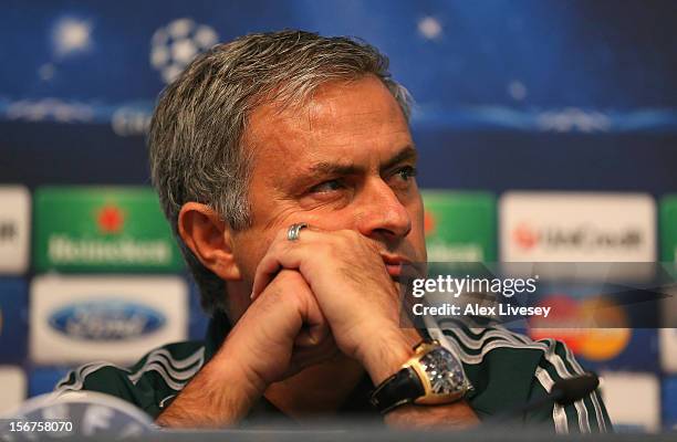 Jose Mourinho the coach of Real Madrid faces the media during a press conference at the Etihad Stadium on November 20, 2012 in Manchester, England.