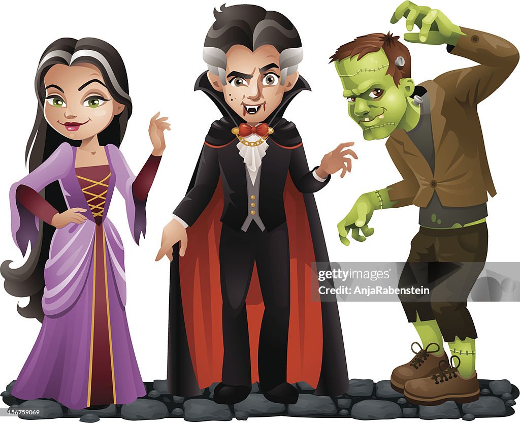 Cute Vector Halloween Characters: Vampire Lady, Dracula and Frankensteins Monster