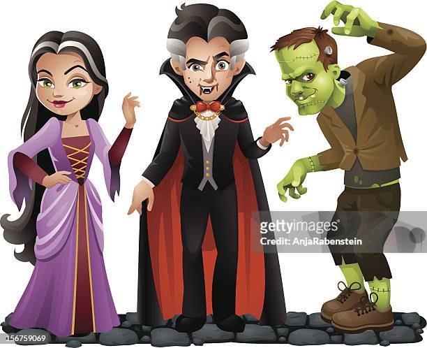 cute vector halloween characters: vampire lady, dracula and frankensteins monster - period costume stock illustrations