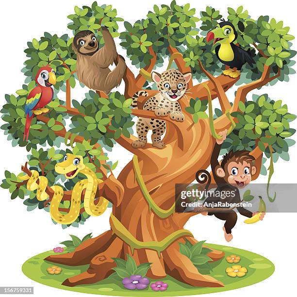 cute cartoon snake, monkey, jaguar and birds in jungle tree - jungle tree cartoon stock illustrations