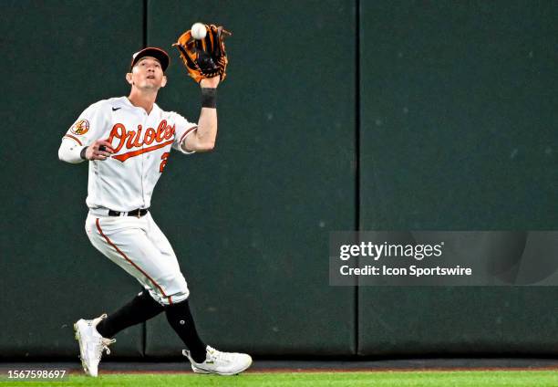 July 30: Baltimore Orioles center fielder Austin Hays fields a fly ball during the New York Yankees versus the Baltimore Orioles on July 30, 2023 at...