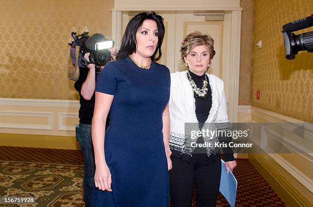 Natalie Khawam and Gloria Allred leaves the Gloria Allred News Conference With Natalie Khawam at Ritz-Carlton Hotel on November 20, 2012 in...