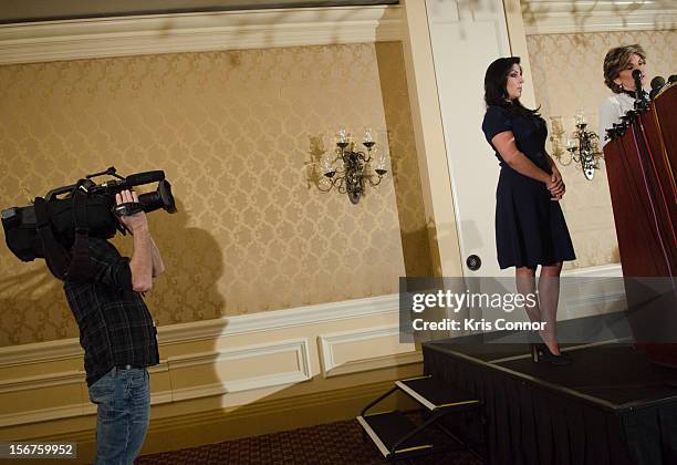 Natalie Khawam and Gloria Allred speak during the Gloria Allred News Conference With Natalie Khawam at Ritz-Carlton Hotel on November 20, 2012 in...