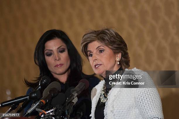 Natalie Khawam and Gloria Allred speak during the Gloria Allred News Conference With Natalie Khawam at Ritz-Carlton Hotel on November 20, 2012 in...