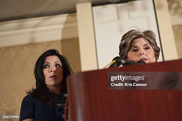 Natalie Khawam and Gloria Allred speaks during the Gloria Allred News Conference With Natalie Khawam at Ritz-Carlton Hotel on November 20, 2012 in...