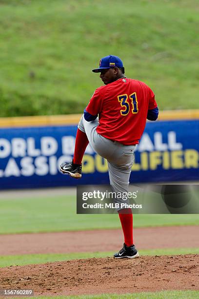 Ivan Julio of Team Colombia pitches during Game 3 of the Qualifying Round of the World Baseball Classic against Team Brazil at Rod Carew National...