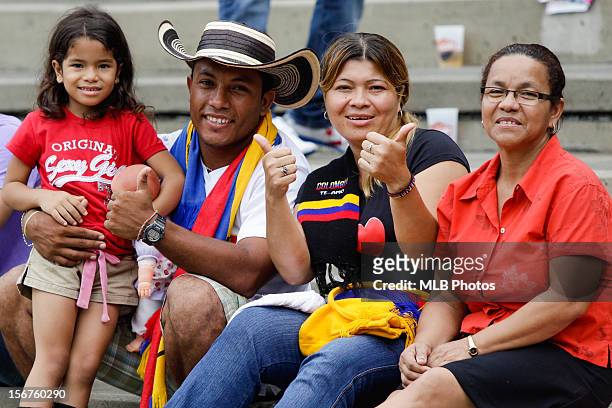Fans of Team Colombia of Team Colombia are seen in the stands during Game 3 of the Qualifying Round of the World Baseball Classic between Team...