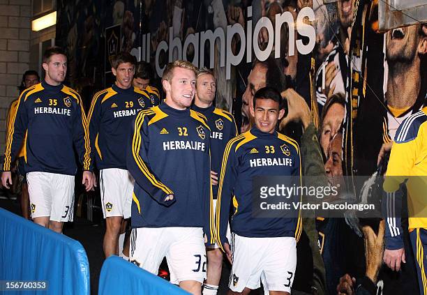 Bryan Gaul, Andrew Boyens, Jack McBean, Christian Wilhelmsson and Jose Villareal of the Los Angeles Galaxy make their way to the pitch for warm-up...