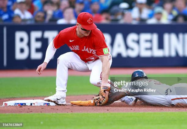 Jorge Mateo of the Baltimore Orioles is tagged out by Matt Chapman of the Toronto Blue Jays as he tries to steal third base in the second inning at...