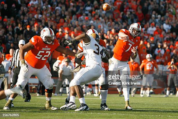 Matt Schilz of the Bowling Green Falcons throws the ball during the game against the Kent State Golden Flashses on November 17, 2012 at Doyt Perry...