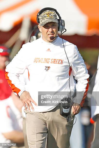 Head Coach Dave Clawson of the Bowling Green Falcons calls in a play as his team takes on the Kent State Golden Flashes on November 17, 2012 at Doyt...