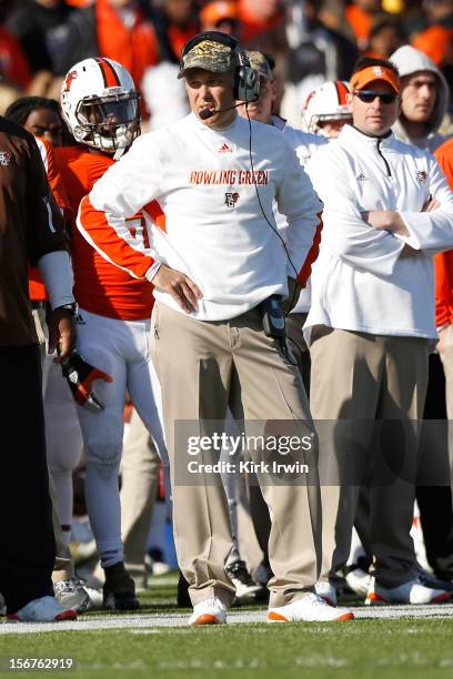 Head Coach Dave Clawson of the Bowling Green Falcons calls in a play as his team takes on the Kent State Golden Flashes on November 17, 2012 at Doyt...