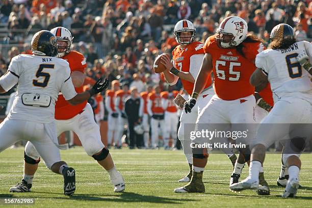 Matt Schilz of the Bowling Green Falcons looks to throw the ball during the game against the Kent State Golden Flashes on November 17, 2012 at Doyt...