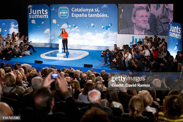 President of the Popular Party of Catalonia Alicia Sanchez Camacho speaks during the Popula Party of Catalonia meeting at the Las Arenas Shopping...