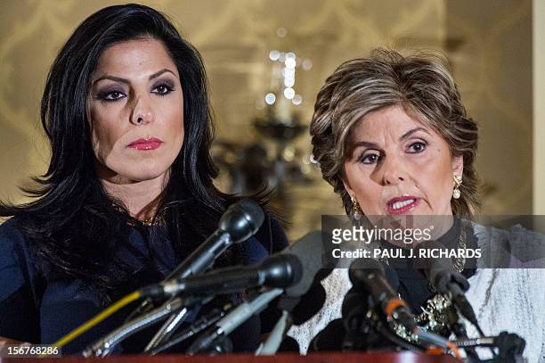 Attorney Gloria Allred conducts a press conference wth her client Natalie Khawam on November 20, 2012 at the Ritz-Carlton hotel in Washington. Khawam...