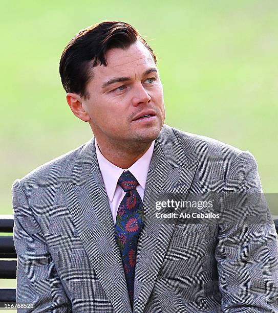 Leonardo DiCaprio is seen on the set of "The Wolf of Wall Street" on November 20, 2012 in New York City.