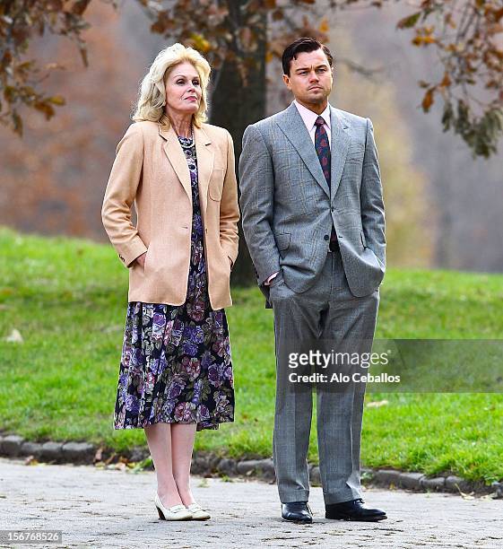 Joanna Lumley and Leonardo DiCaprio are seen on the set of "The Wolf of Wall Street" on November 20, 2012 in New York City.