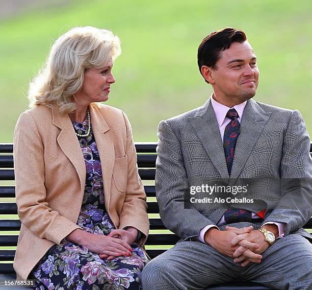 Joanna Lumley and Leonardo DiCaprio are seen on the set of "The Wolf of Wall Street" on November 20, 2012 in New York City.