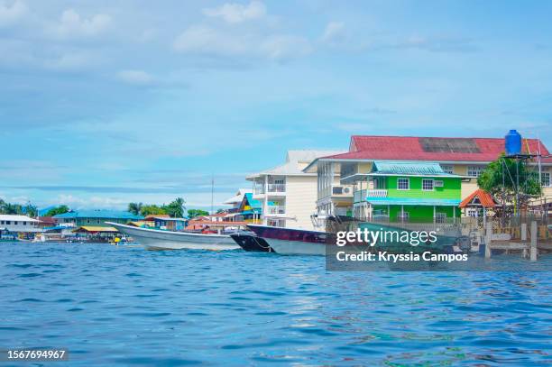 view of the traditional stilt houses perched above the blue waters of the caribbean sea - isla colon stock pictures, royalty-free photos & images