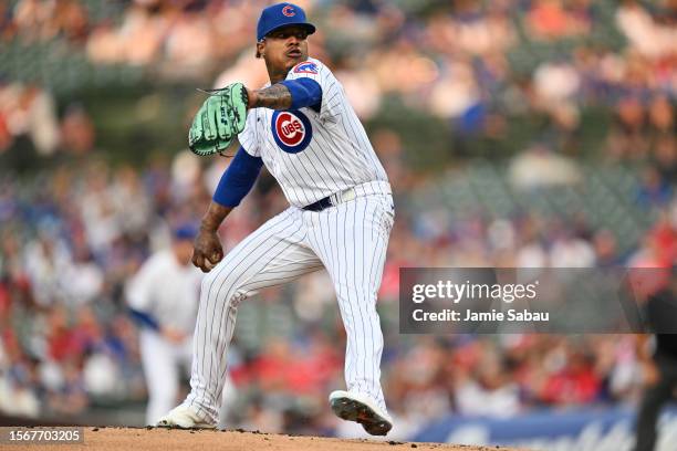 Marcus Stroman of the Chicago Cubs pitches in the first inning against the Cincinnati Reds at Wrigley Field on July 31, 2023 in Chicago, Illinois.