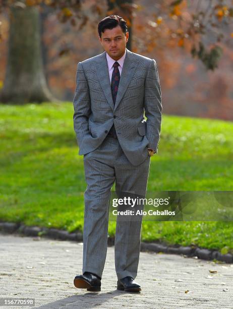 Leonardo DiCaprio is seen on the set of "The Wolf of Wall Street" on November 20, 2012 in New York City.