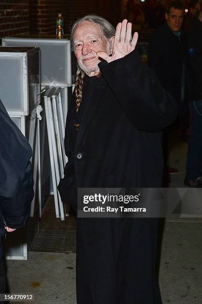 Singer Willie Nelson enters the "Late Show With David Letterman" taping at the Ed Sullivan Theater on November 20, 2012 in New York City.