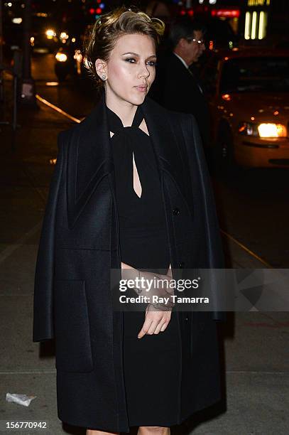 Actress Scarlett Johansson enters the "Late Show With David Letterman" taping at the Ed Sullivan Theater on November 20, 2012 in New York City.