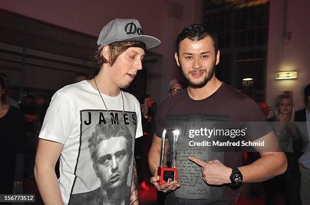 Manuel Hoffelner and Lukas Ploechl of Trackshittaz pose backstage at the Austrian Dance Award at H5 METAstadt on November 20, 2012 in Vienna, Austria.