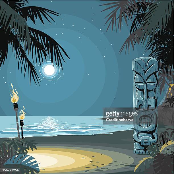 tiki at the beach - moon shore stock illustrations