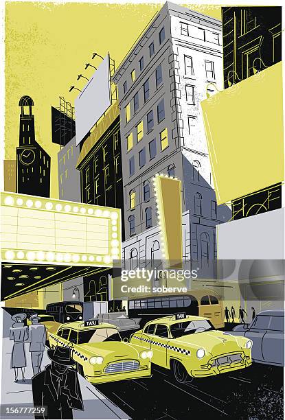 vintage-broadway - yellow taxi stock-grafiken, -clipart, -cartoons und -symbole