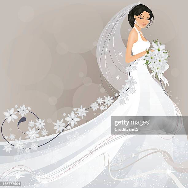 stockillustraties, clipart, cartoons en iconen met bride with flower design - veil