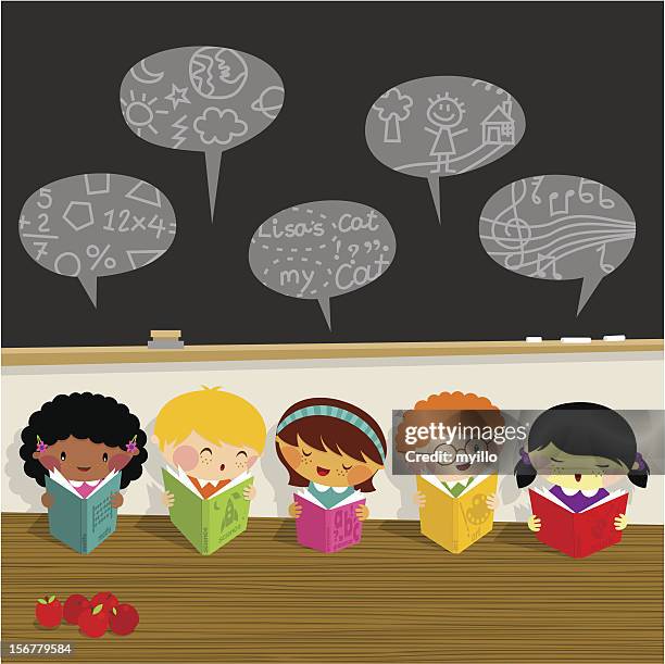 back to school, kids, learn, library schoolboy schoolgirl - kindergarten reading stock illustrations