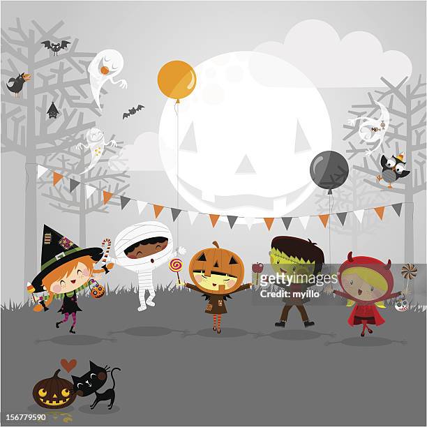 bildbanksillustrationer, clip art samt tecknat material och ikoner med halloween party and kids costumes - tree log