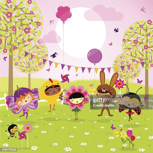 spring party. fun kids. - chicken cartoons stock illustrations