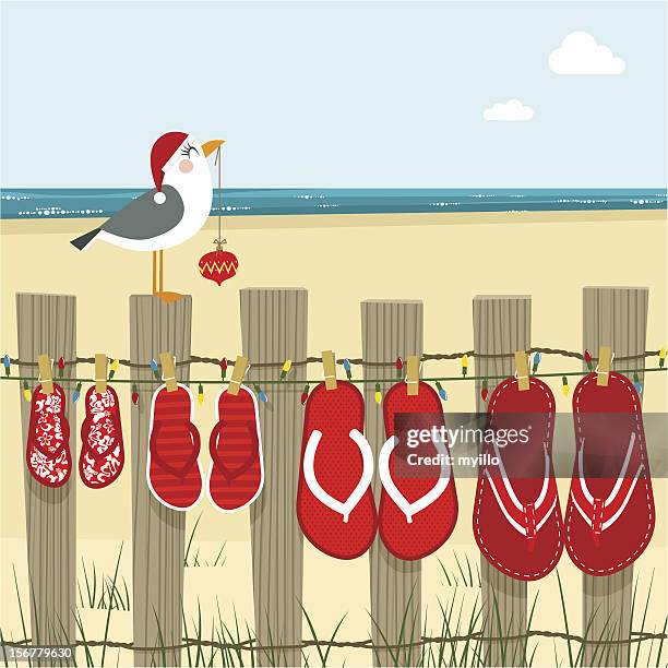 weihnachten am strand meer vektor-illustration - möwe stock-grafiken, -clipart, -cartoons und -symbole