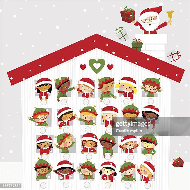 weihnachtszeit niedlichen kinder elf santaclaus geschenk-schnee-kalender - adventskalender stock-grafiken, -clipart, -cartoons und -symbole