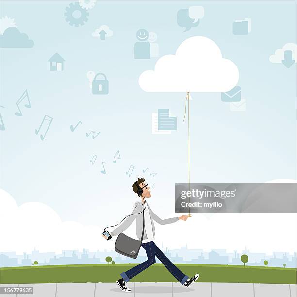 cloud computing smartphone music internet guy geek - listening music stock illustrations