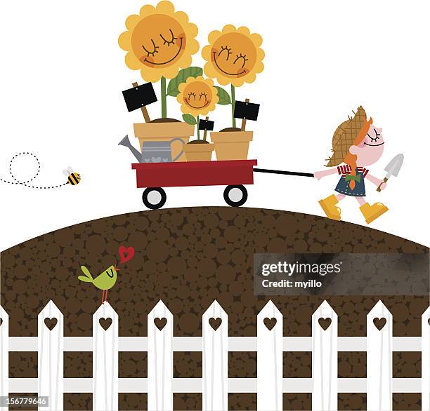 girl with wheelbarrow and sunflowers gardening spring - happy sunflower stock illustrations