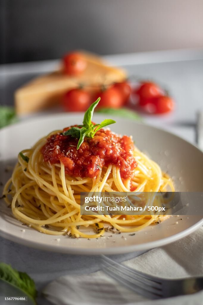 Close-up of noodles in plate on table