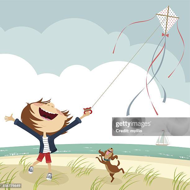 happy kid at the beach summer sea kite illustration - 風船 幅插畫檔、美工圖案、卡通及圖標