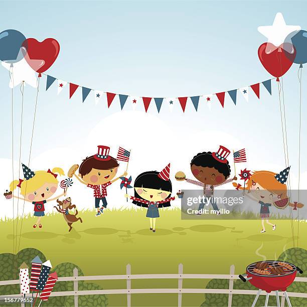 fourth of july kids party bbq illustration vector summer - labor day north american holiday stock illustrations