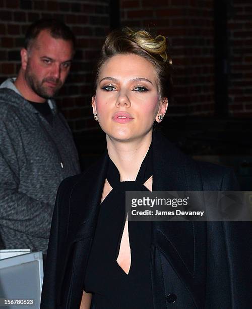 Scarlett Johansson arrives to 'Late Show with David Letterman' at Ed Sullivan Theater on November 20, 2012 in New York City.