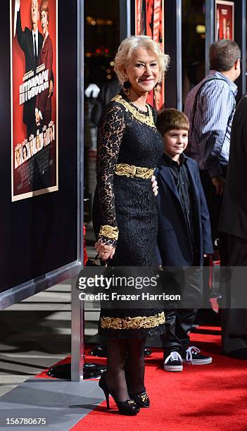 Actress Helen Mirren and Felix Mirren arrive at the Premiere Of Fox Searchlight Pictures' "Hitchcock" at AMPAS Samuel Goldwyn Theater on November 20,...