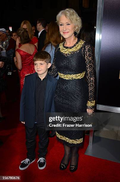 Actress Helen Mirren and Felix Mirren arrive at the Premiere Of Fox Searchlight Pictures' "Hitchcock" at AMPAS Samuel Goldwyn Theater on November 20,...